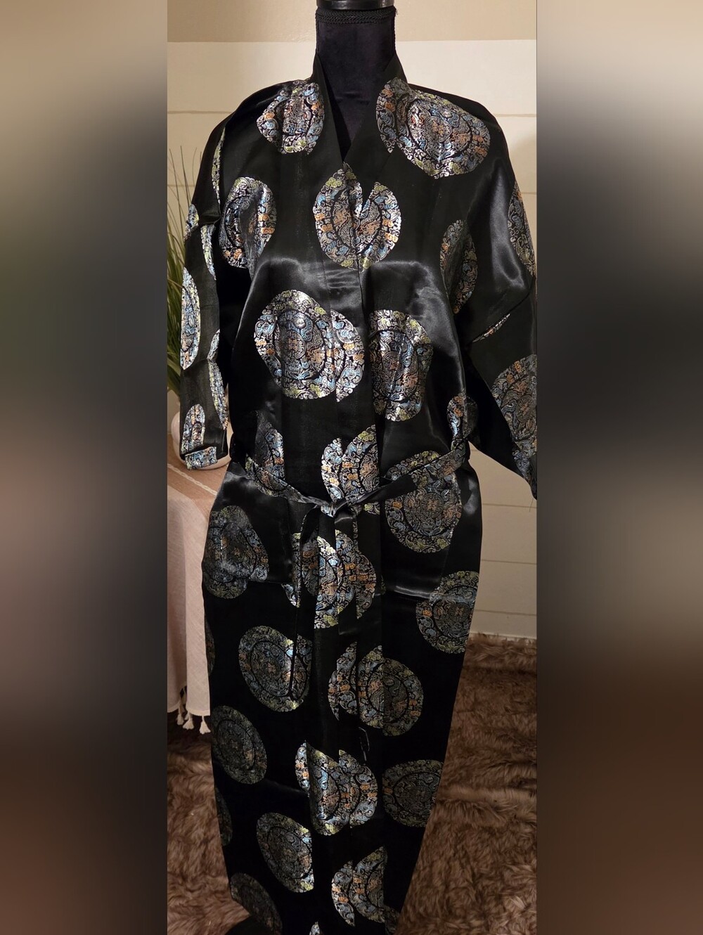 Xian Lin Chinese Medallion Satin Brocade Smoking Jacket Robe Kimono Outerwear